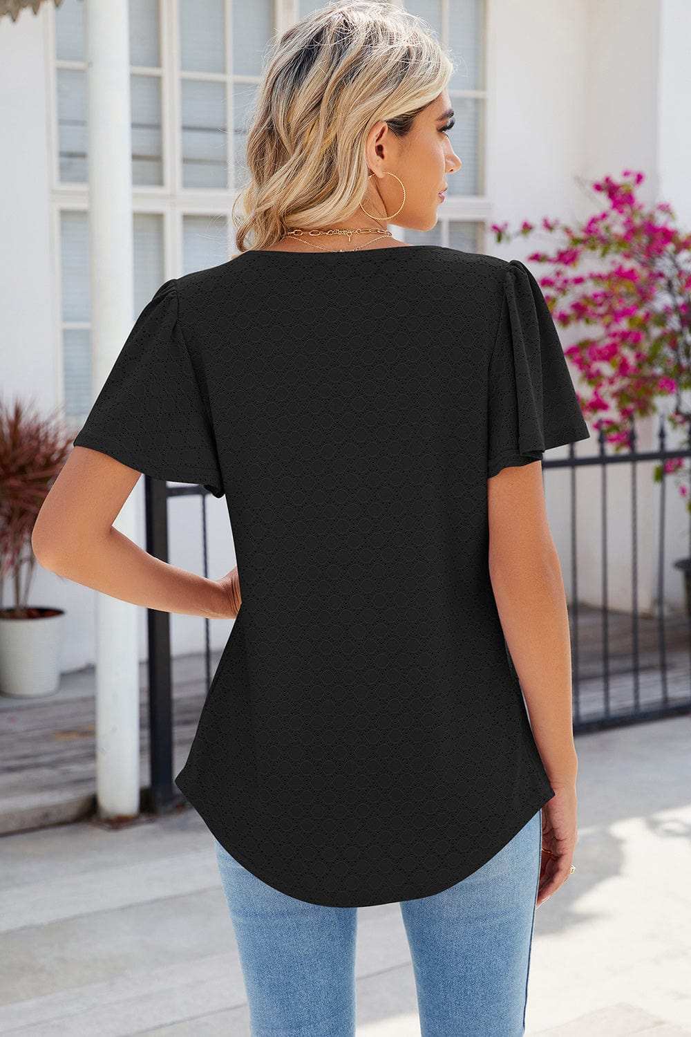 Eyelet Square Neck Flutter Sleeve Blouse - Trendsi - Flyclothing LLC