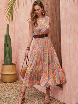 Ruffled Printed V-Neck Cap Sleeve Tiered Dress - Trendsi - Flyclothing LLC