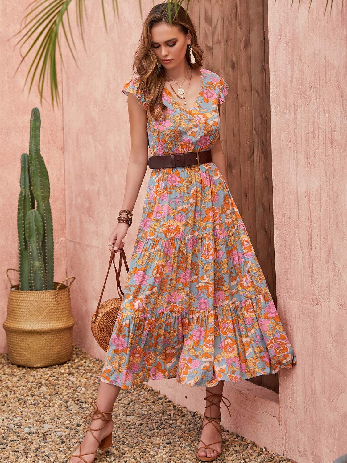 Ruffled Printed V-Neck Cap Sleeve Tiered Dress - Trendsi - Flyclothing LLC