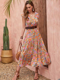 Ruffled Printed V-Neck Cap Sleeve Tiered Dress - Trendsi - Flyclothing LLC