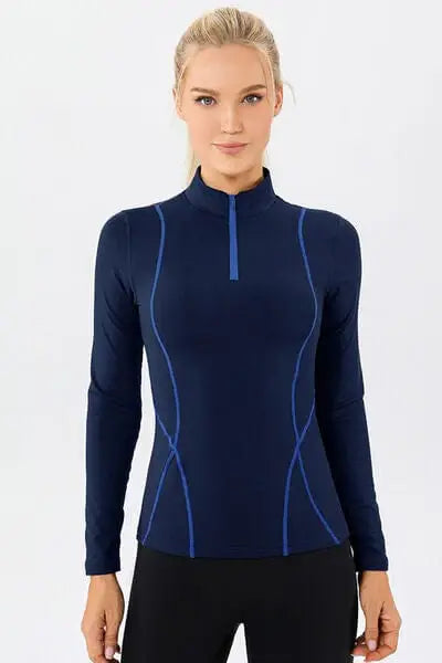 Mock Neck Quarter Zip Active T-Shirt - Trendsi - Flyclothing LLC