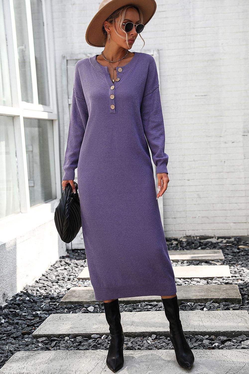 Notched Neck Dropped Shoulder Button-Down Midi Dress - Trendsi - Flyclothing LLC