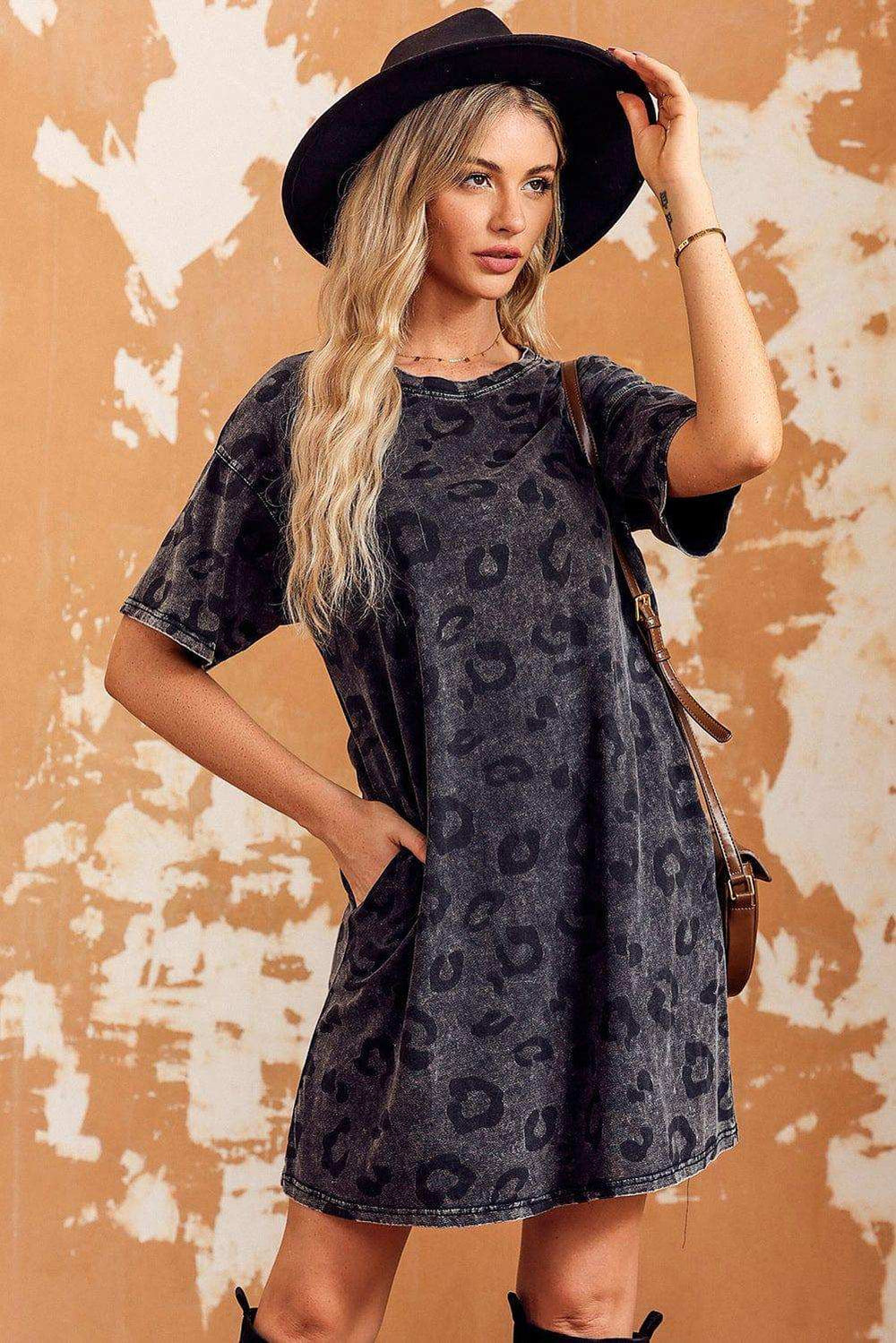 Leopard Round Neck Dropped Shoulder Dress with Pockets - Trendsi - Flyclothing LLC