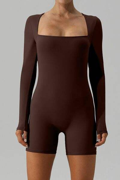Square Neck Long Sleeve Active Romper - Trendsi - Flyclothing LLC