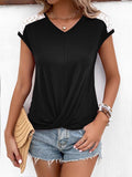 Spliced Lace V-Neck Twisted Hem Tee - Trendsi - Flyclothing LLC