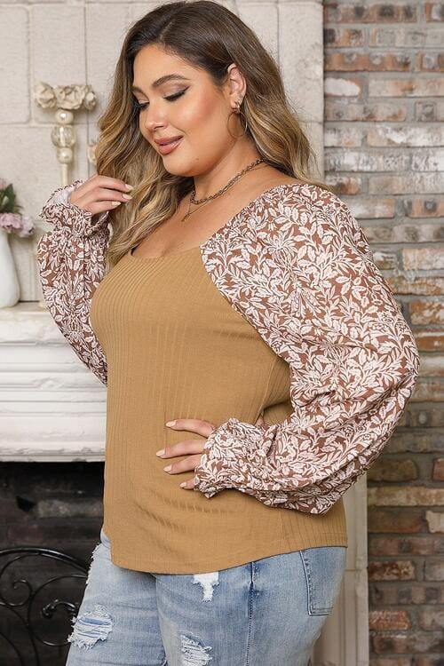 Plus Size Floral Square Neck Flounce Sleeve Blouse - Trendsi