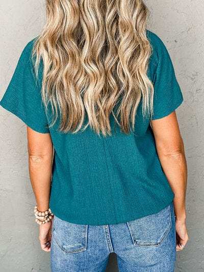 Textured V-Neck Short Sleeve T-Shirt - Trendsi - Flyclothing LLC