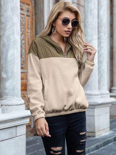Pocketed Color Block Quarter Zip Hoodie - Trendsi - Flyclothing LLC