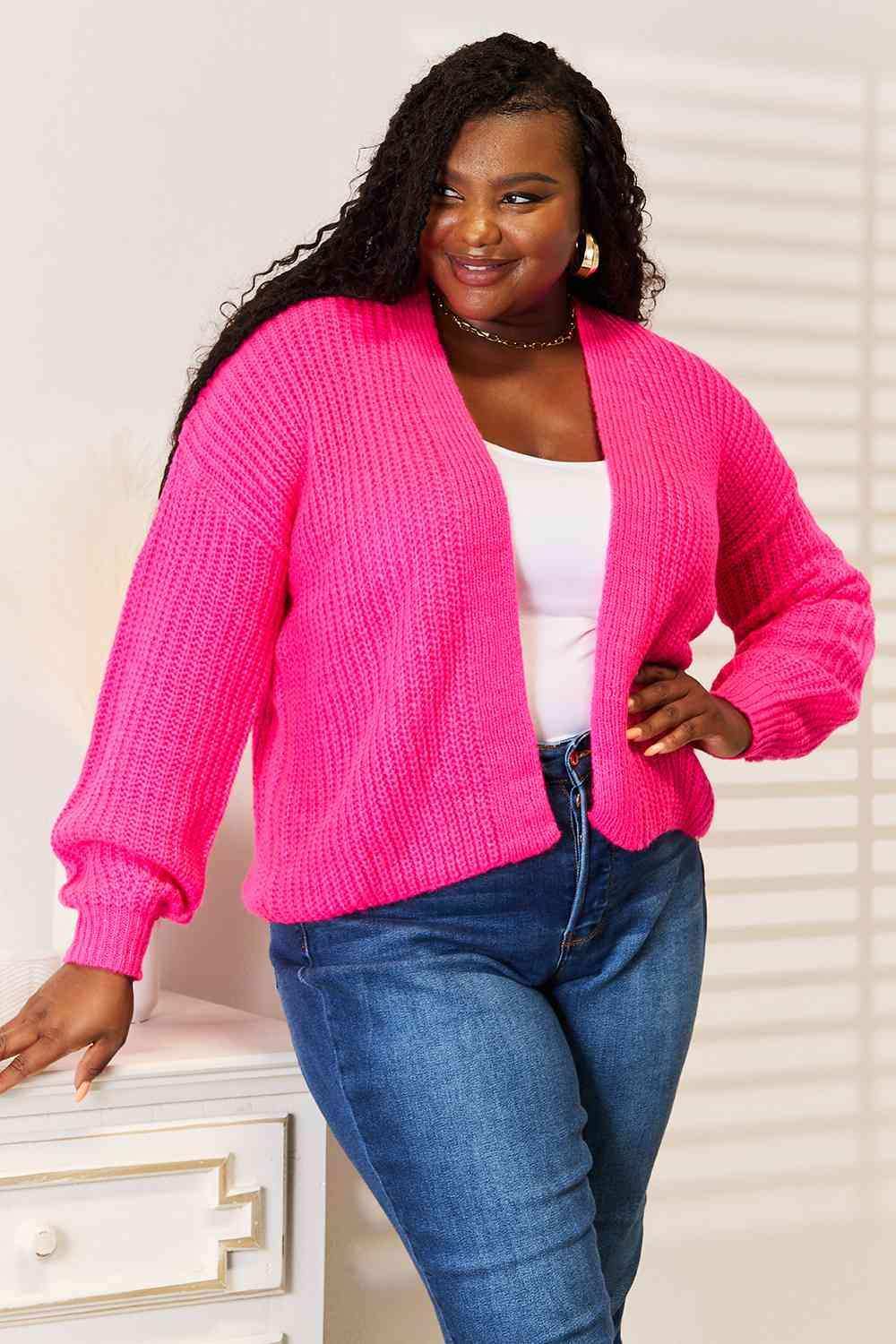 Woven Right Rib-Knit Open Front Drop Shoulder Cardigan - Trendsi - Flyclothing LLC