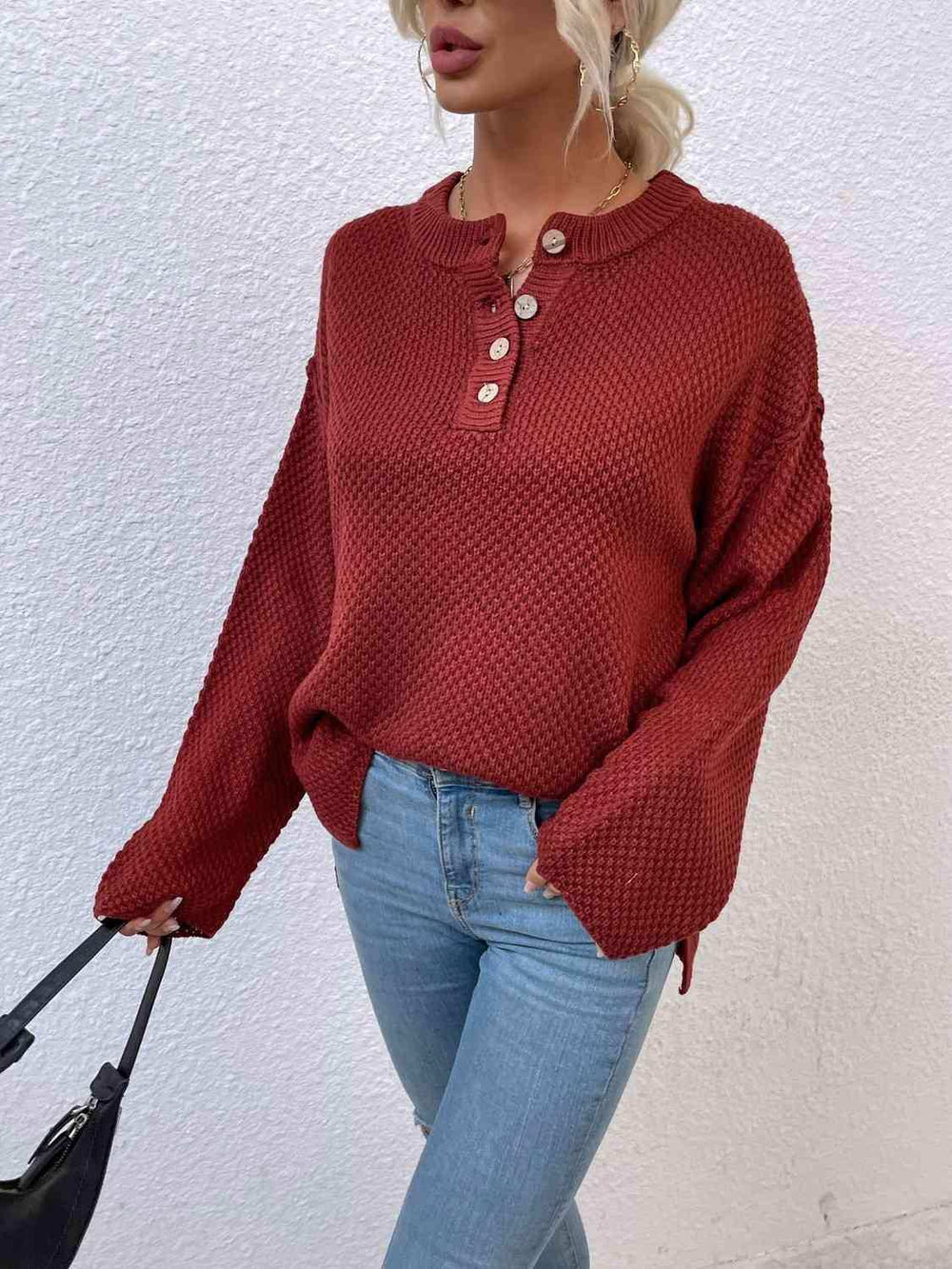 Quarter-Button Slit Sweater - Trendsi - Flyclothing LLC