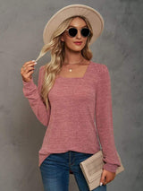 Heathered Square Neck Long Sleeve T-Shirt - Trendsi - Flyclothing LLC