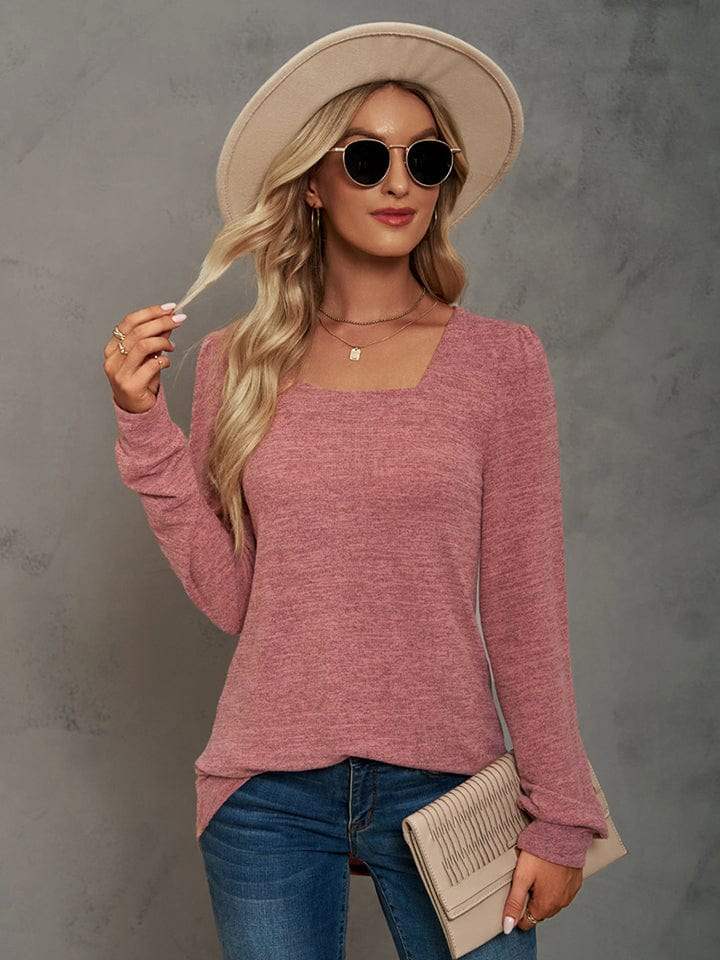Heathered Square Neck Long Sleeve T-Shirt - Trendsi - Flyclothing LLC
