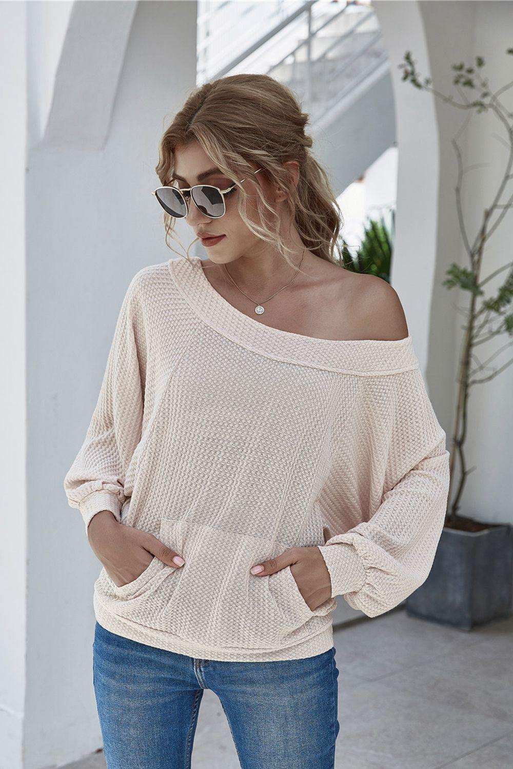 Boat Neck Waffle-knit Lantern Sleeve Blouse with Pocket - Trendsi - Flyclothing LLC