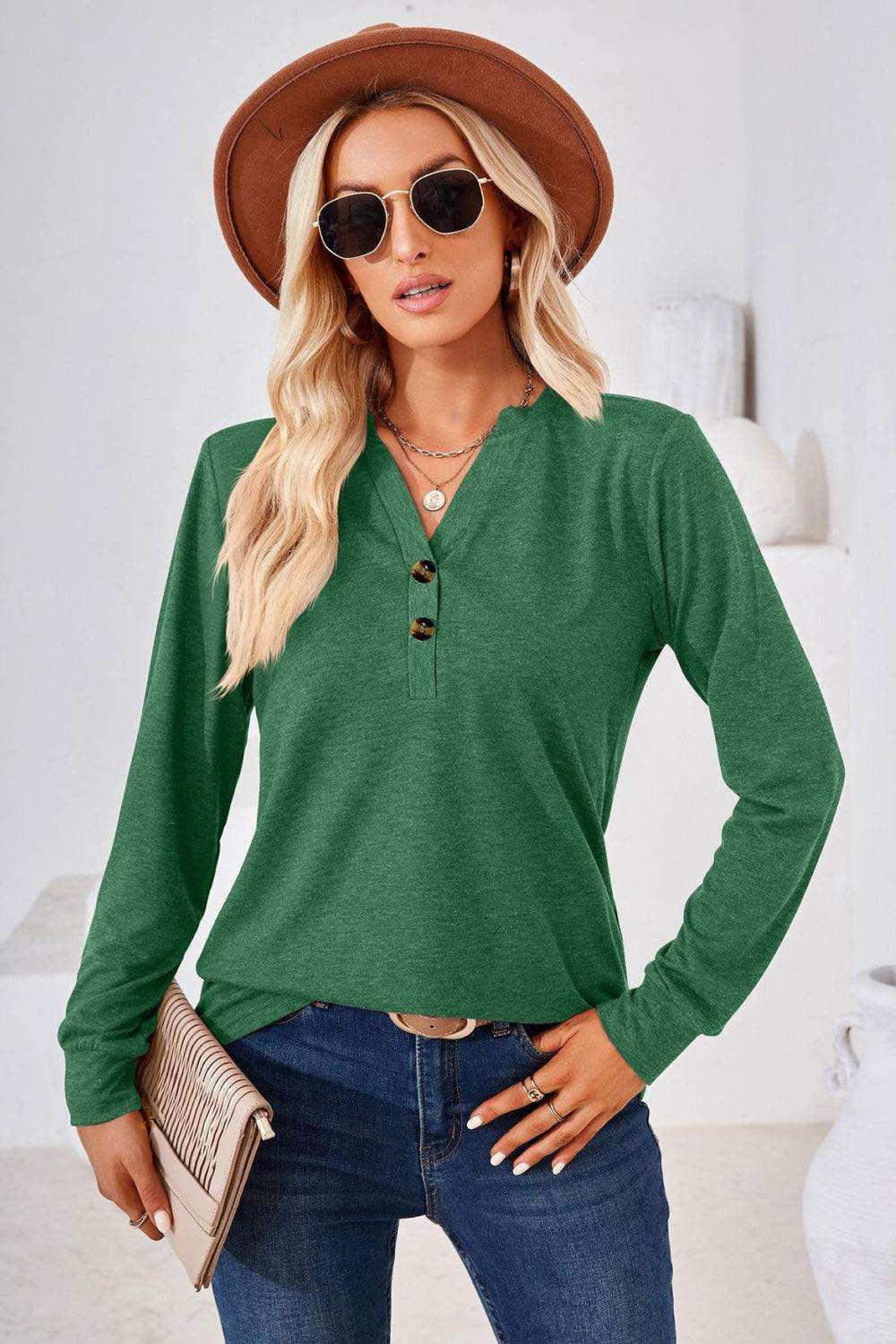 V-Neck Buttoned Long Sleeve Blouse - Trendsi - Flyclothing LLC