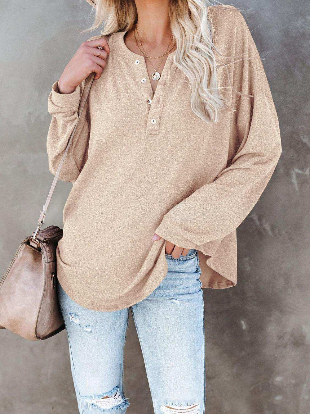 Buttoned Drop Shoulder Top - Trendsi - Flyclothing LLC
