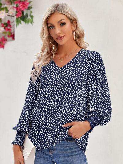 Printed V-Neck Lantern Sleeve Blouse - Trendsi - Flyclothing LLC