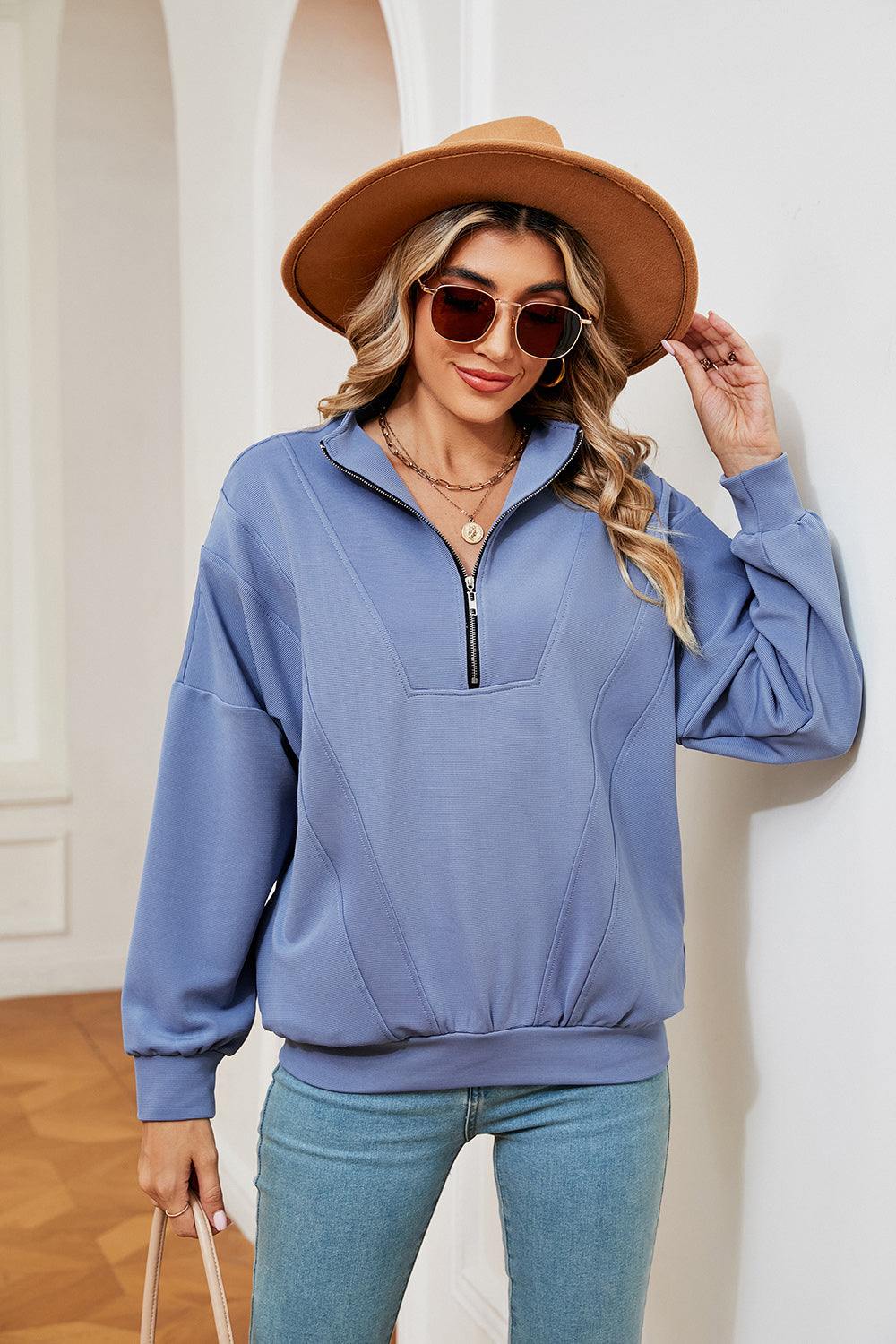 Half-Zip Dropped Shoulder Sweatshirt - Trendsi