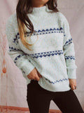 Geometric Mock Neck Dropped Shoulder Sweater - Trendsi - Flyclothing LLC