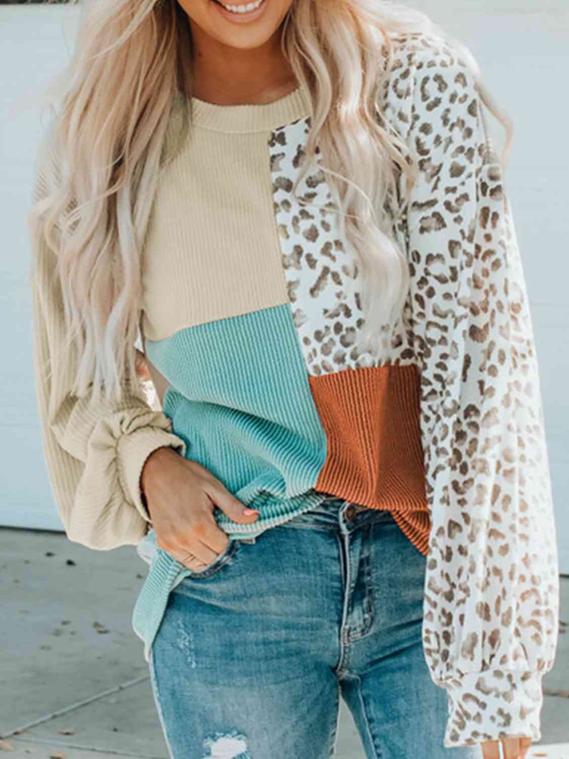 Color Block Leopard Round Neck Sweatshirt - Trendsi - Flyclothing LLC