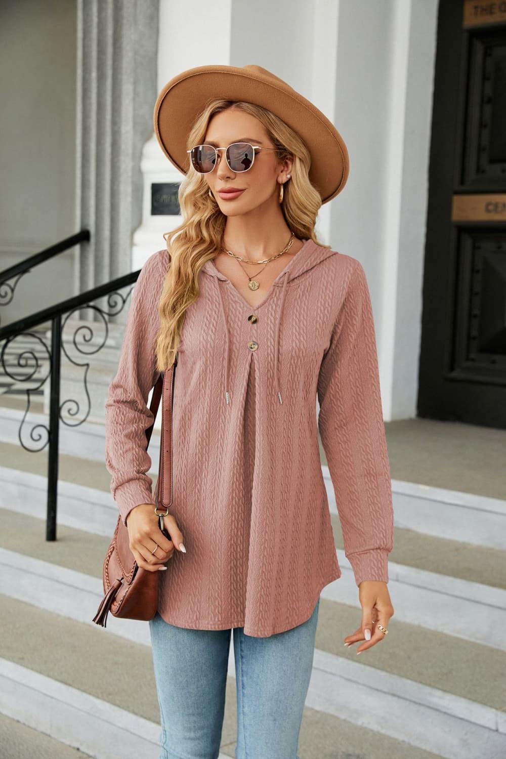 Long Sleeve Hooded Blouse - Trendsi