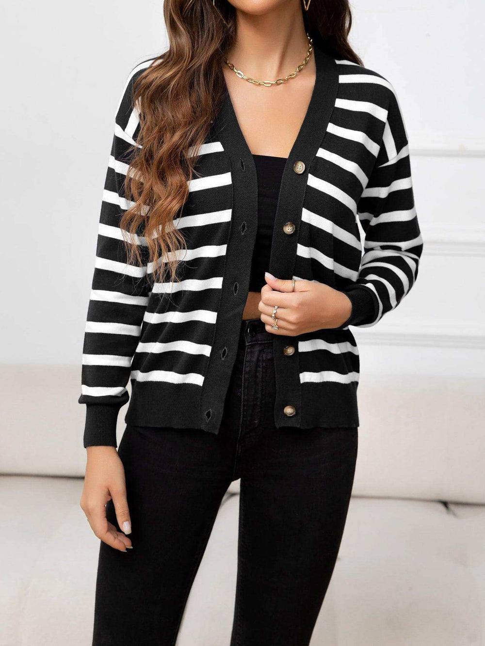 Striped Dropped Shoulder V-Neck Knit Top - Trendsi - Flyclothing LLC