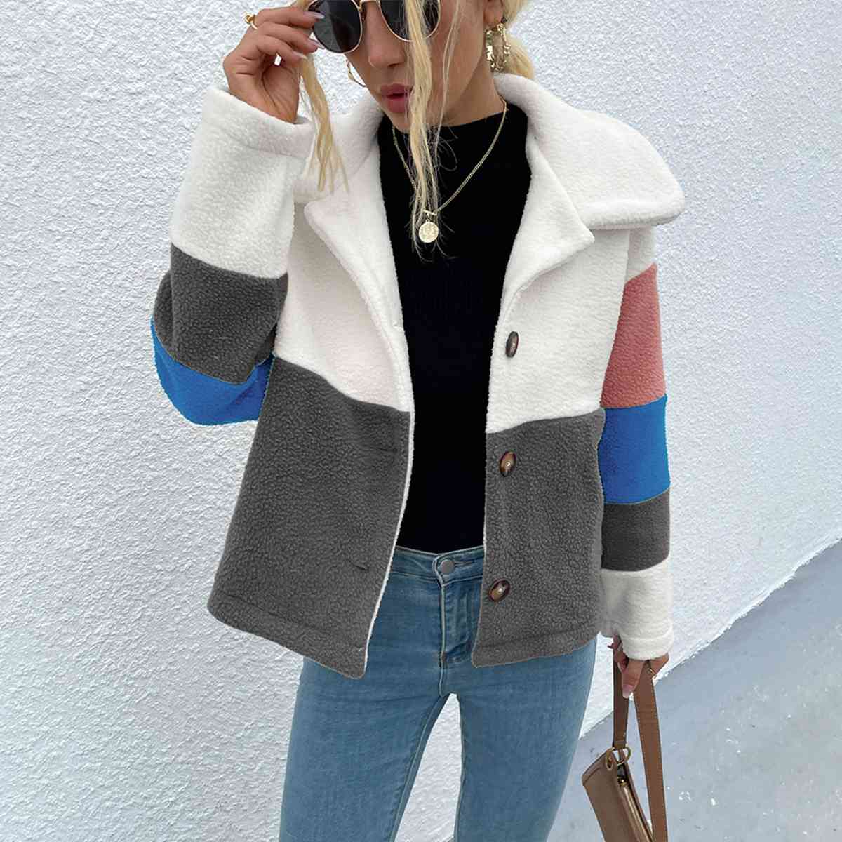 Color Block Button Down Collared Jacket - Trendsi - Flyclothing LLC