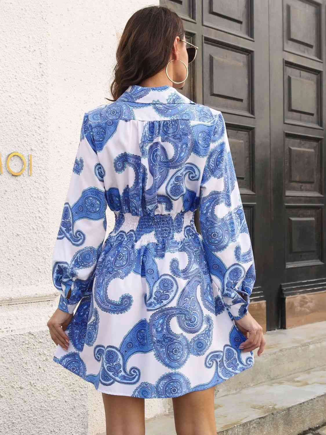 Paisley Print Johnny Collar Smocked Dress - Trendsi - Flyclothing LLC