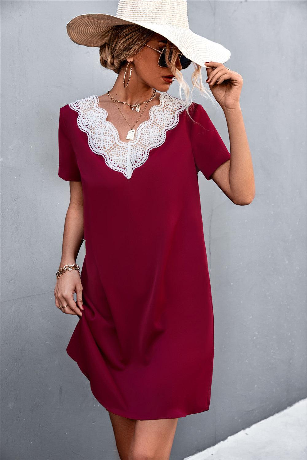 Spliced Lace Contrast Short Sleeve Dress - Flyclothing LLC