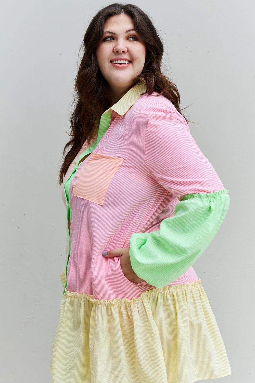 Davi & Dani Flying Colors Full Size Colorblock Long Sleeve Shirt Dress - Trendsi