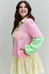 Davi & Dani Flying Colors Full Size Colorblock Long Sleeve Shirt Dress - Trendsi
