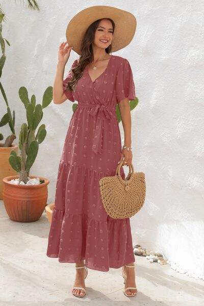 Swiss Dot Tied Surplice Short Sleeve Dress - Trendsi - Flyclothing LLC