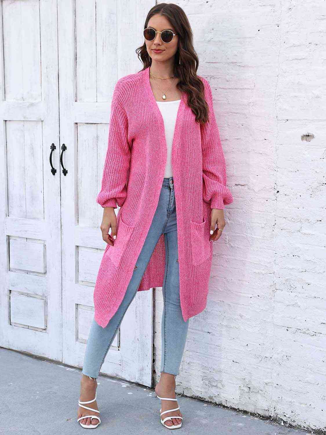 Open Front Longline Cardigan with Pockets - Trendsi - Flyclothing LLC
