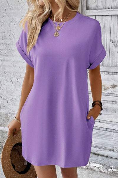 Pocketed Round Neck Short Sleeve Dress - Trendsi - Flyclothing LLC