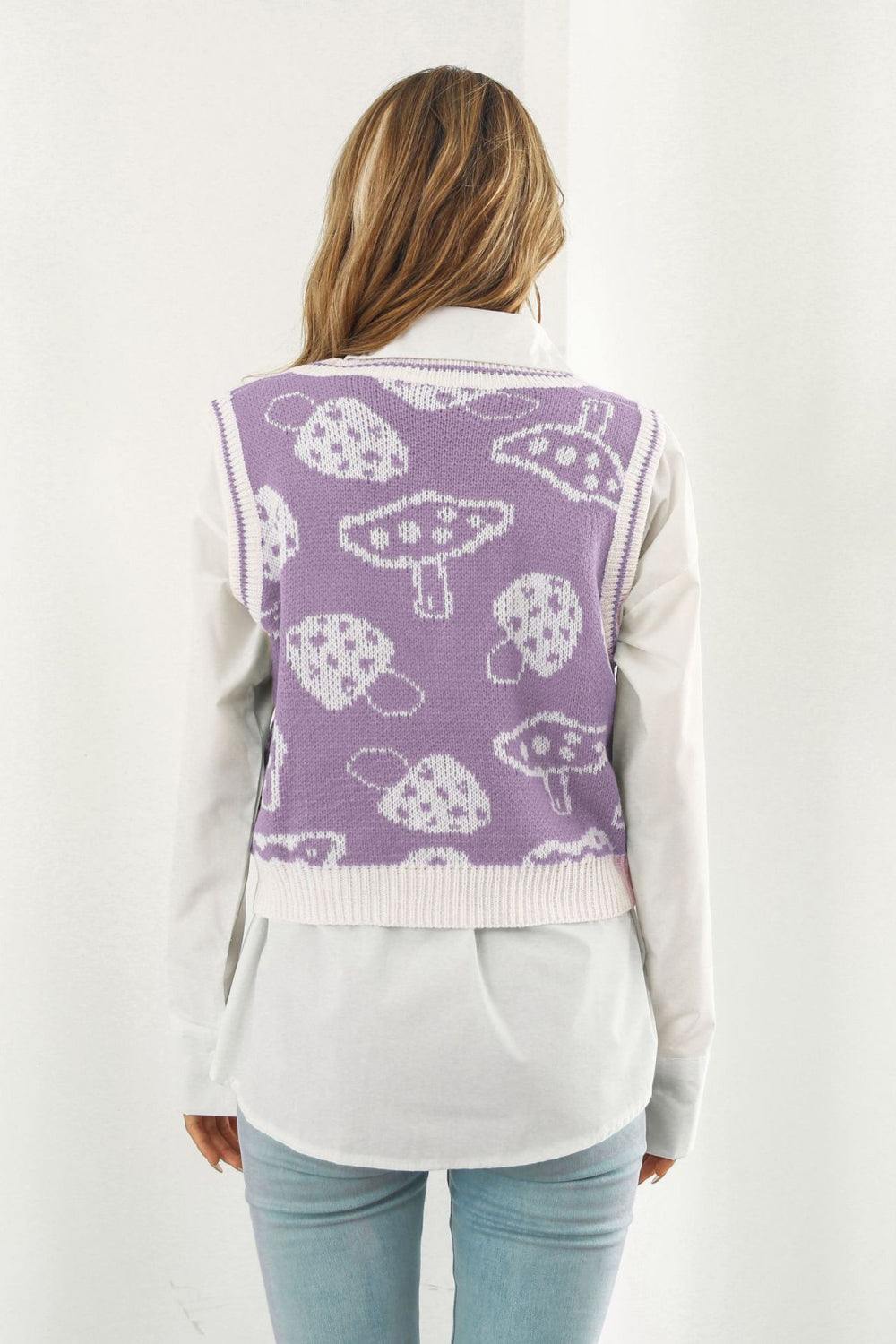 Printed Plunge Neck Sweater Vest - Trendsi