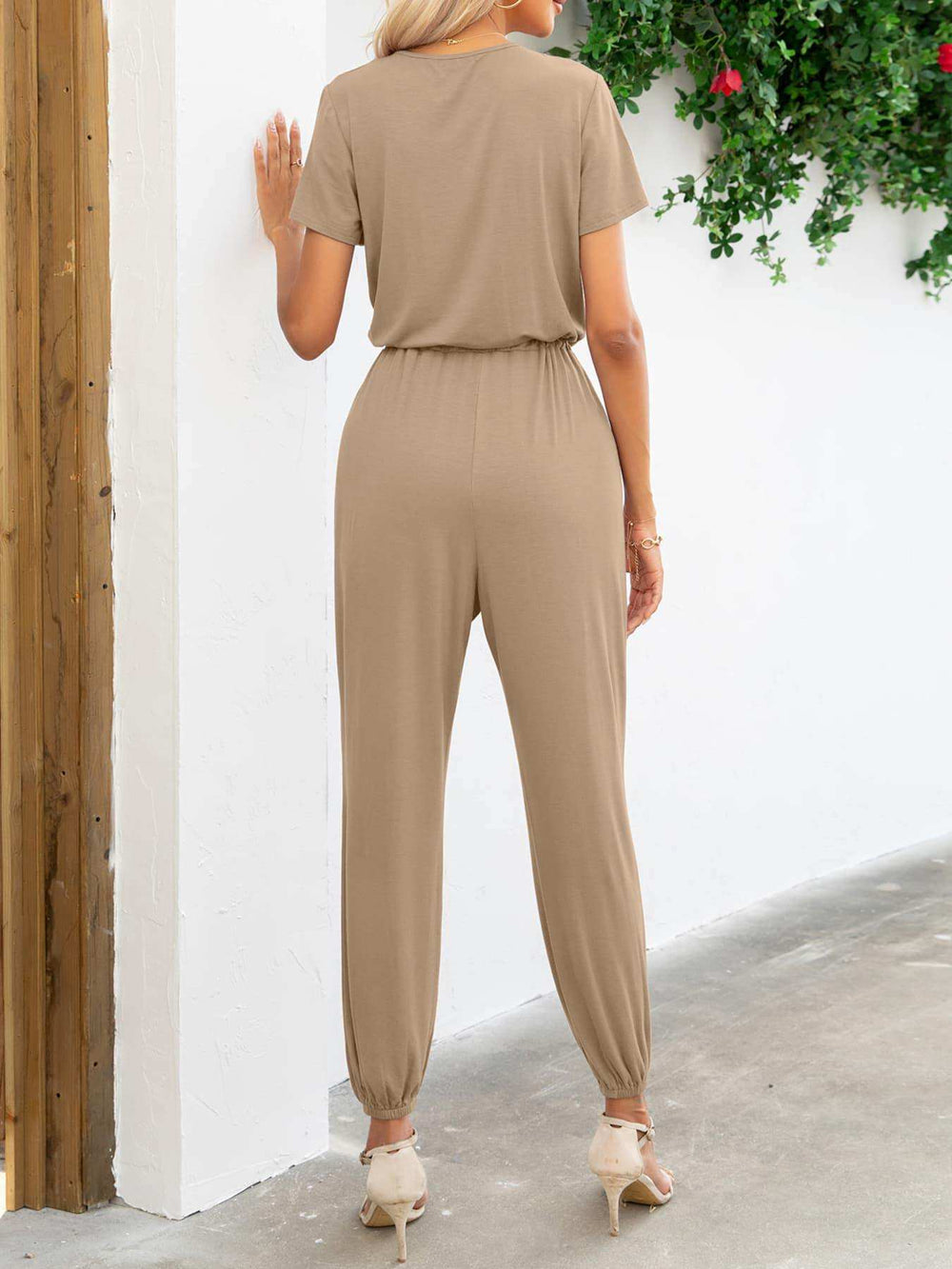 Short Sleeve V-Neck Jumpsuit with Pockets - Trendsi - Flyclothing LLC