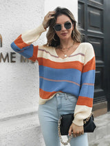 Striped V-Neck Drop Shoulder Sweater - Trendsi - Flyclothing LLC