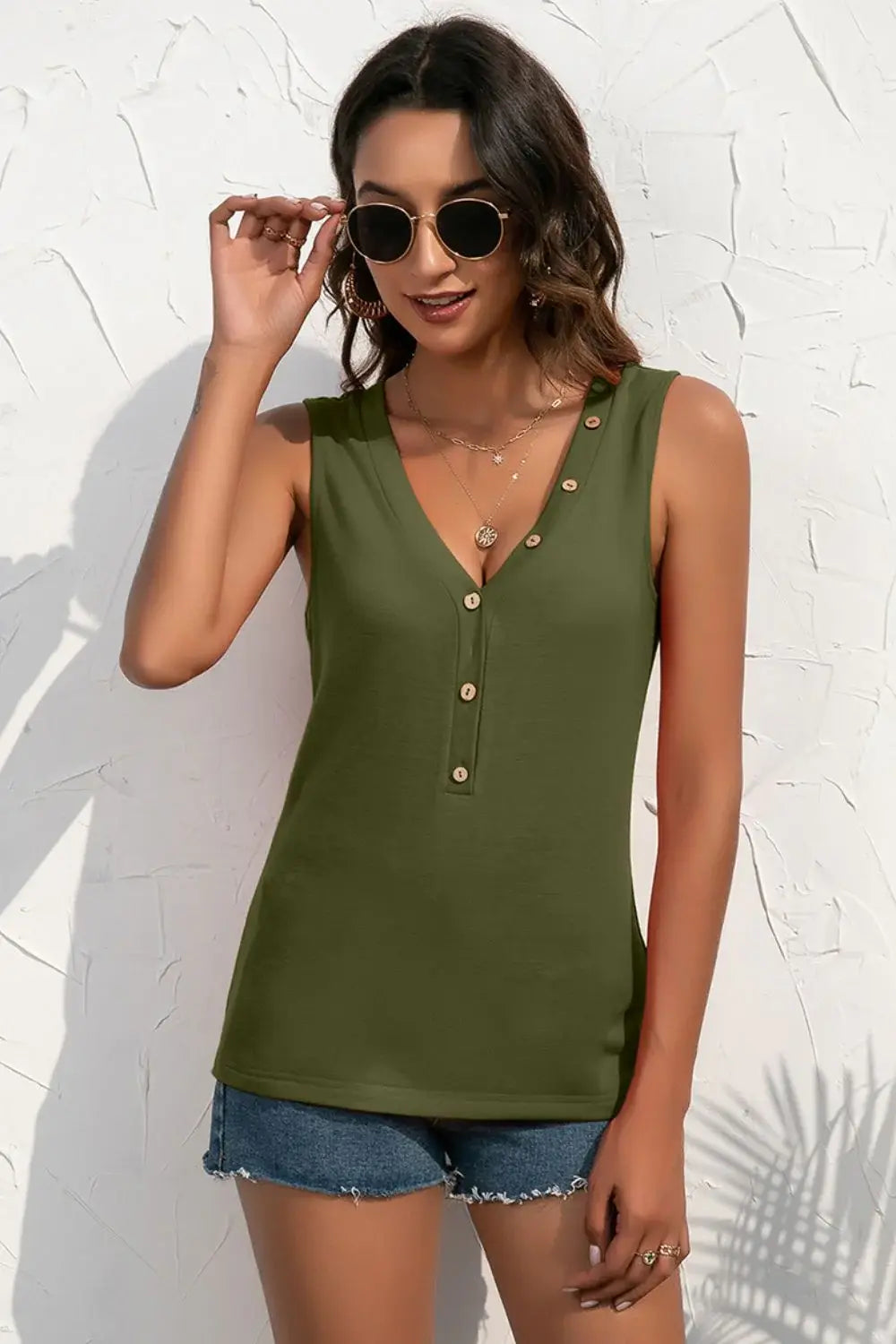 Buttoned Deep V Tank - Trendsi - Flyclothing LLC