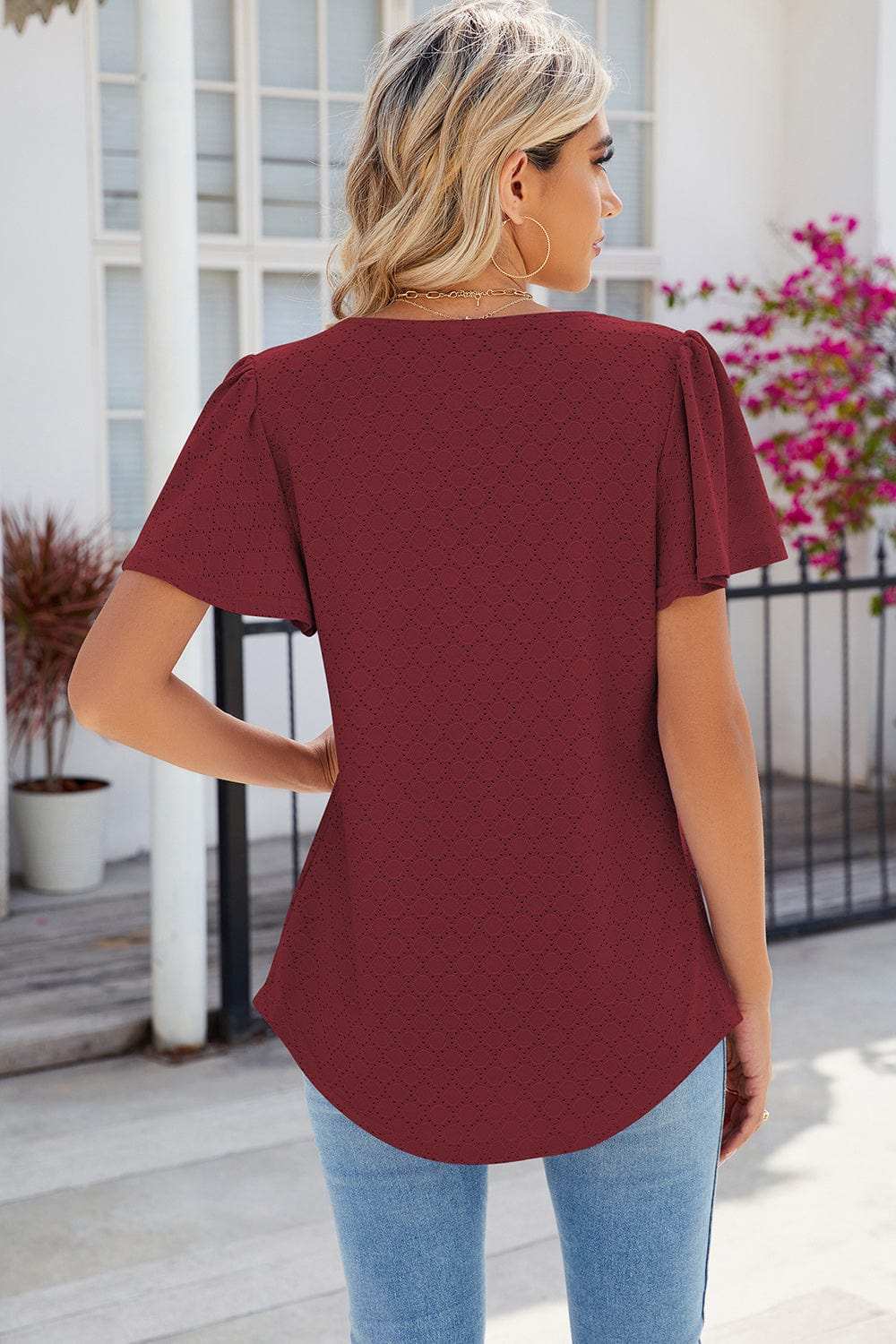 Eyelet Square Neck Flutter Sleeve Blouse - Trendsi - Flyclothing LLC