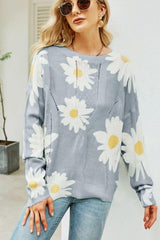 Daisy Print Openwork Round Neck Sweater - Trendsi