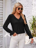 Applique V-Neck Flounce Sleeve T-Shirt - Trendsi - Flyclothing LLC