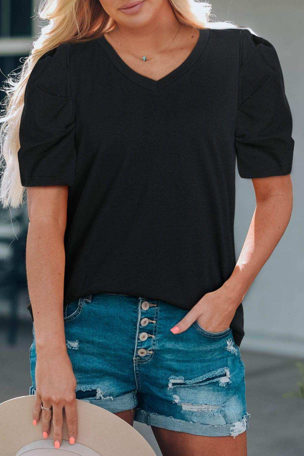 Puff Sleeve V-Neck Tee - Trendsi - Flyclothing LLC