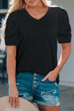 Puff Sleeve V-Neck Tee - Trendsi - Flyclothing LLC