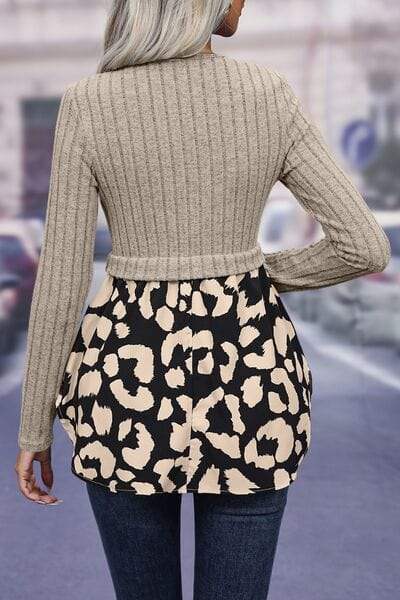 Leopard Peplum Round Neck Blouse - Trendsi - Flyclothing LLC