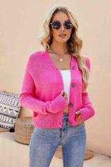 Button Up V-Neck Long Sleeve Cardigan - Trendsi - Flyclothing LLC