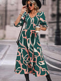 Printed Smocked V-Neck Three-Quarter Sleeve Midi Dress - Trendsi