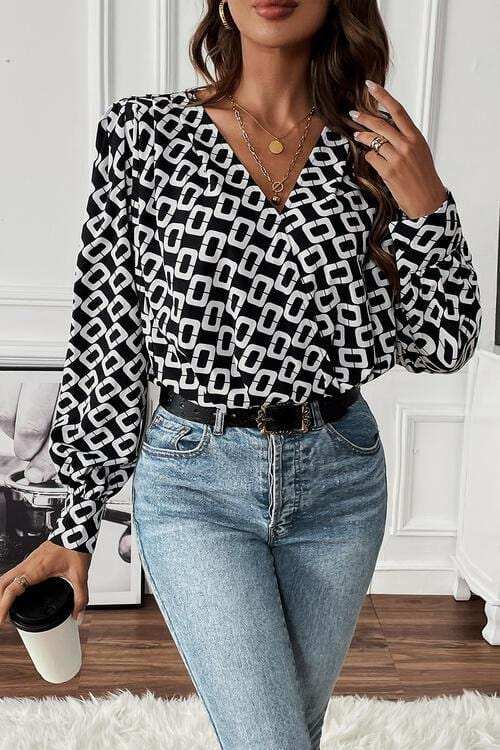 Geometric V-Neck Long Sleeve Blouse - Trendsi - Flyclothing LLC