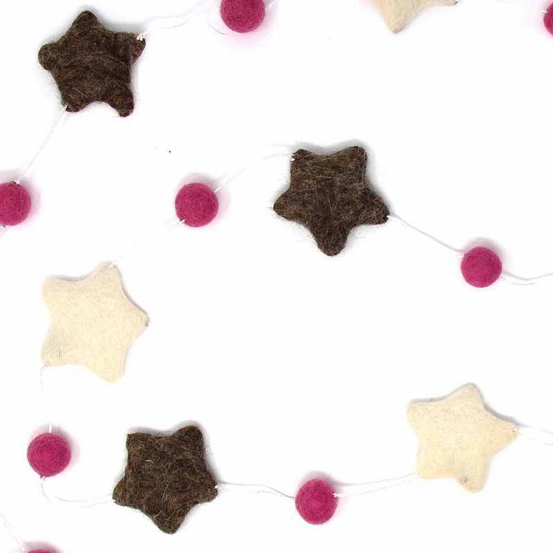 Hand Crafted Felt from Nepal: Stars Garland, Grey/Pink - Global Groove Direct