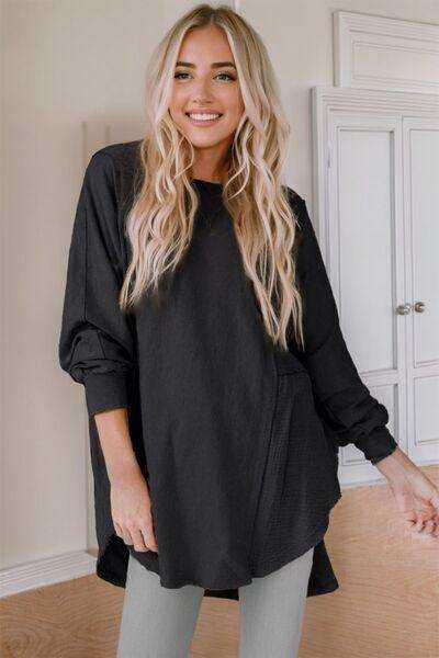 Contrast Texture Round Neck Long Sleeve Blouse - Trendsi - Flyclothing LLC