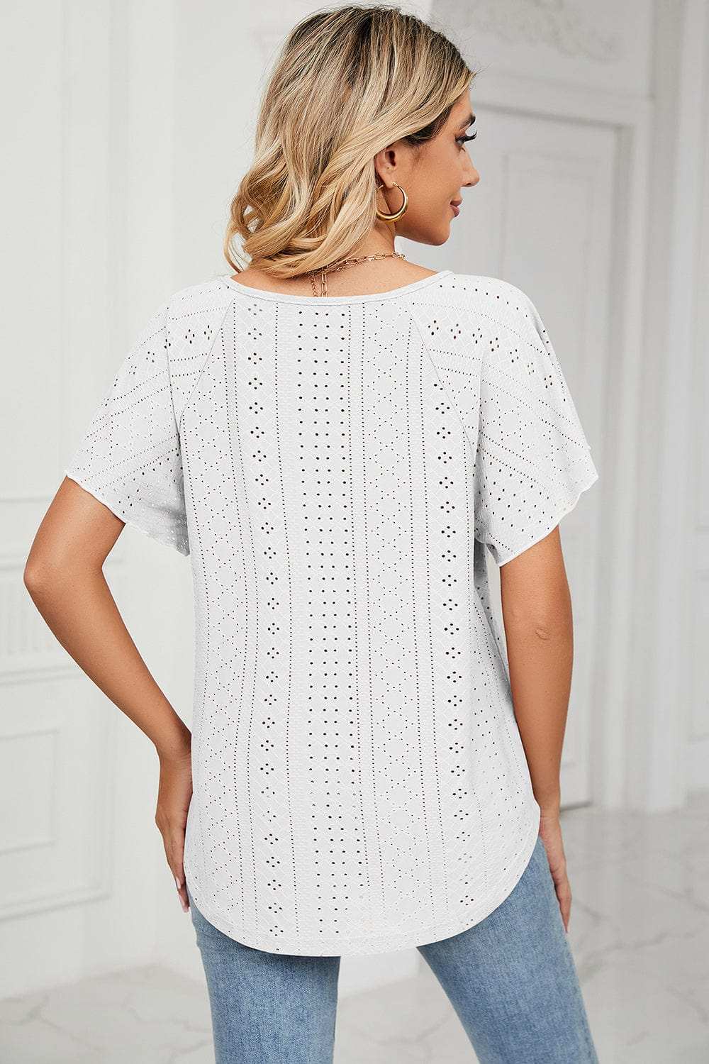Eyelet Tie Neck Flutter Sleeve Blouse - Trendsi - Flyclothing LLC