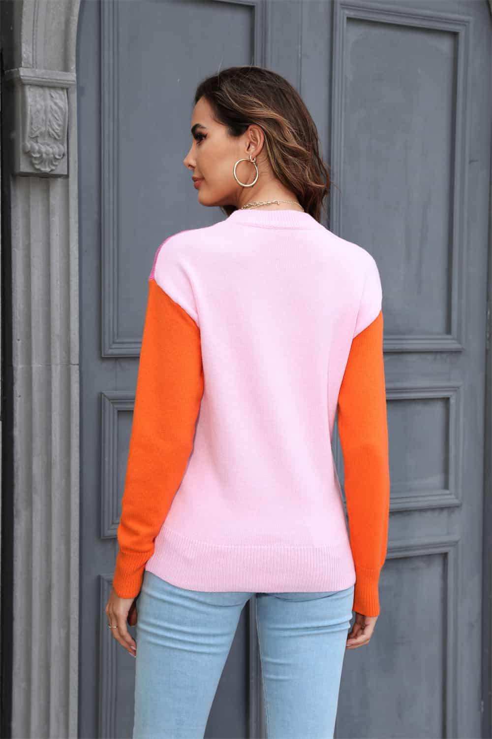 Round Neck Contrast Color Dropped Shoulder Sweater - Trendsi - Flyclothing LLC